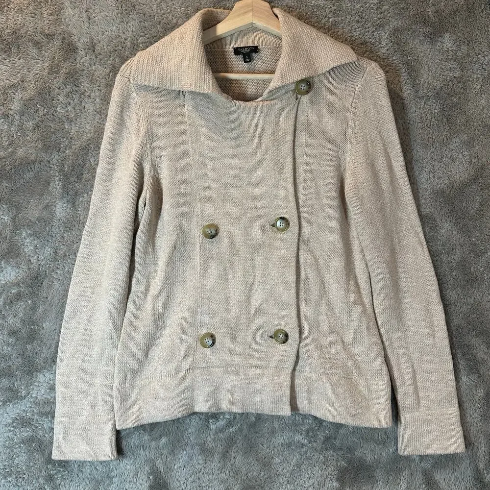 Talbots Petites Double Breasted Cardigan Sweater Collar Beige Tan S SP PS